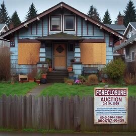 Everett house with a foreclosure auction sign in the yard and boarded windows