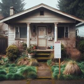 Single-story Tacoma WA house with overgrown lawn and a taped legal notice on the door