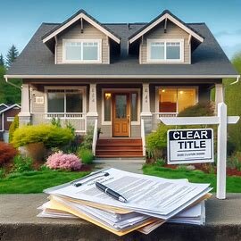 Washington house with a “Clear Title” sign in front and paperwork on the porch