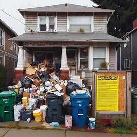 Everett home with tall grass, peeling paint, and a warning notice posted on the door