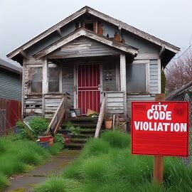 Everett home with a city code violation notice on the front door and overgrown grass in the yard