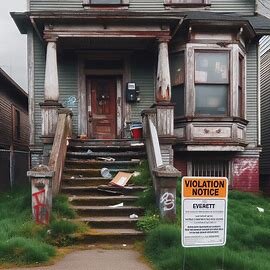 Everett house with warning tape on the porch and visible exterior violations