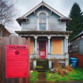 Run-down Everett WA house with boarded windows and city violation notice on the door