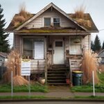 Everett house with peeling paint, overgrown yard, and a yellow city code violation notice posted