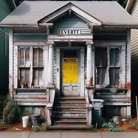 Everett home with a city violation notice posted on the front door and visible exterior issues
