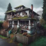 Old Tacoma house with peeling paint and overgrown grass indicating code violations