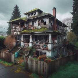 Old Tacoma house with peeling paint and overgrown grass indicating code violations