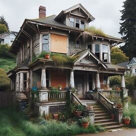 Tacoma house with overgrown yard, broken windows, and exterior damage