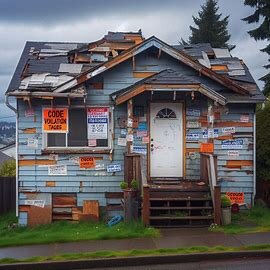 Tacoma house with boarded windows and city-issued code violation notice