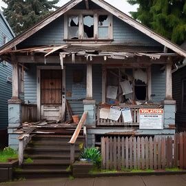 Tacoma home with visible exterior code violations and city notice on door
