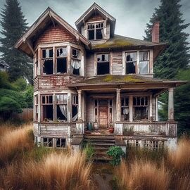 Washington house with boarded-up windows, tall grass, and visible damage to siding