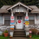 Washington house with warning signs and building code violation notices posted on the front door