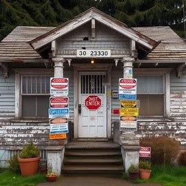 Washington house with warning signs and building code violation notices posted on the front door