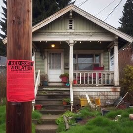 Everett house with warning notices on the door and broken exterior railing