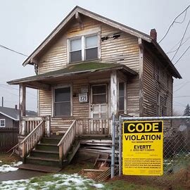 Everett home with visible exterior damage and a yellow code violation notice on the front door