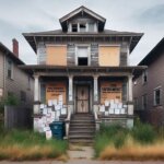 Run-down Washington State house with visible damage and warning notices on the door