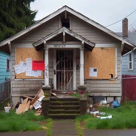 Boarded-up home in Everett WA with a red condemnation notice on the door