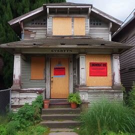 Boarded-up house in Everett WA with visible damage and a condemnation notice posted on the front door