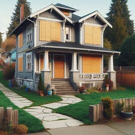 A boarded-up Everett house with a condemned notice on the front door