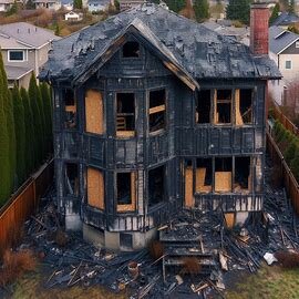 Fire-damaged Everett WA house with blackened siding and boarded-up windows