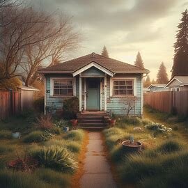 Delta neighborhood house in Everett WA with faded paint and a front yard full of weeds