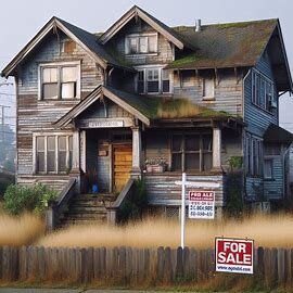 Older craftsman-style home in Everett’s Delta neighborhood with a For Sale sign and overgrown yard
