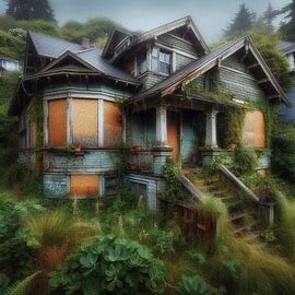 Distressed Tacoma home with boarded windows and overgrown yard
