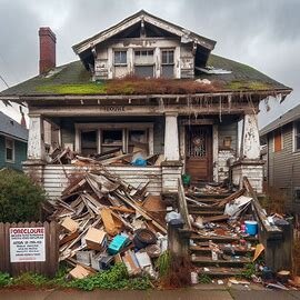 Abandoned Everett home with peeling paint, broken fence, and trash near the entry