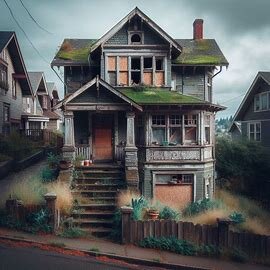 Distressed Hilltop Tacoma WA home with boarded windows and overgrown lawn