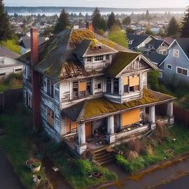 Distressed house in South Tacoma WA with boarded windows and peeling paint