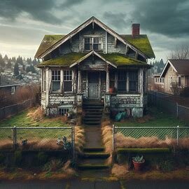 Distressed house in Tacoma WA with overgrown yard and weathered exterior