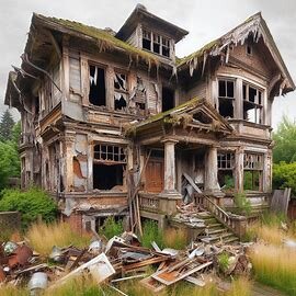Distressed Washington house with peeling paint, broken windows, and overgrown landscaping
