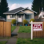 Everett home with a split fence down the middle and a for sale sign in the yard