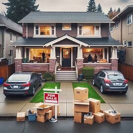 Tacoma WA home with a For Sale sign and two vehicles parked separately