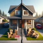 Split view of a Washington home with moving boxes on one side and a “For Sale” sign on the other