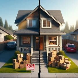 Split view of a Washington home with moving boxes on one side and a “For Sale” sign on the other