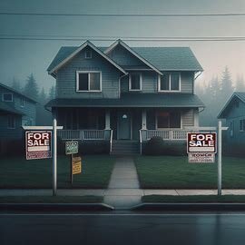 Everett home with two separate for-sale signs in front and an overcast sky, symbolizing divorce