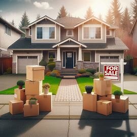 Everett house with a "For Sale" sign and two sets of packed boxes on opposite sides of the driveway