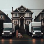 Everett home with two separate moving trucks parked outside, symbolizing a house split during divorce