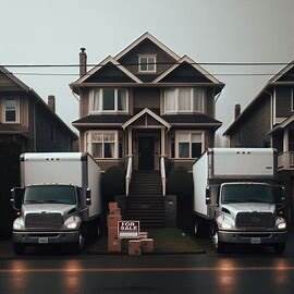 Everett home with two separate moving trucks parked outside, symbolizing a house split during divorce