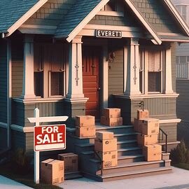 Everett home with a for-sale sign and two sets of packed boxes on the porch, symbolizing separation