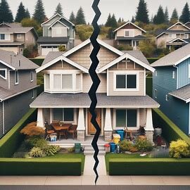 Two halves of a split home illustration in Everett, symbolizing divorce and property division