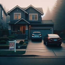 Divorcing couple’s Everett home with a For Sale sign and two vehicles in the driveway