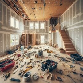 Everett house interior mid-renovation with exposed drywall, tools scattered, and no finished flooring