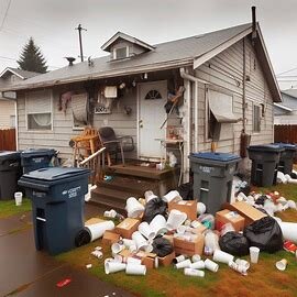 Everett rental home with trash in the yard and broken blinds, signs of bad tenants