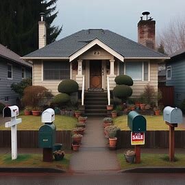 A split house in Everett with a for-sale sign and two separate mailboxes, symbolizing divorce and property division