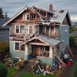 A worn Everett house with cracked siding, missing shingles, and tools scattered across the yard
