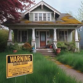 Everett home with a red "Property Lien Notice" taped to the front door, showing signs of deferred maintenance