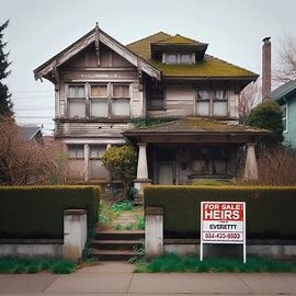 A quiet Everett home with a “For Sale by Heirs” sign in front, showing signs of vacancy and overgrown landscaping
