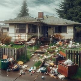 Everett rental home with trash in the yard and signs of tenant neglect